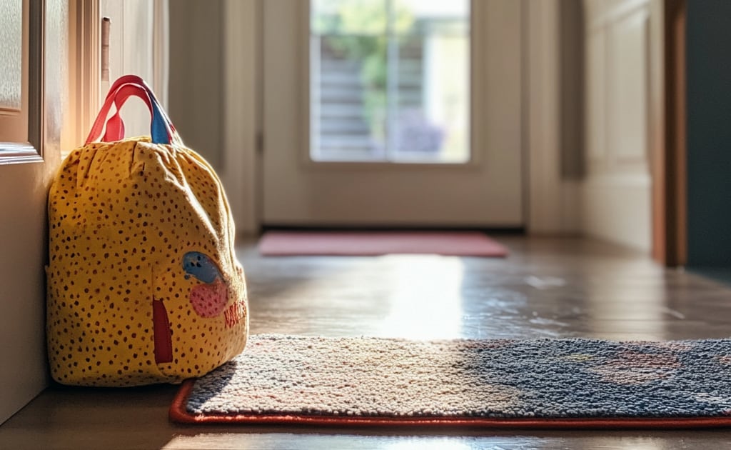 childs backpack sitting by front door